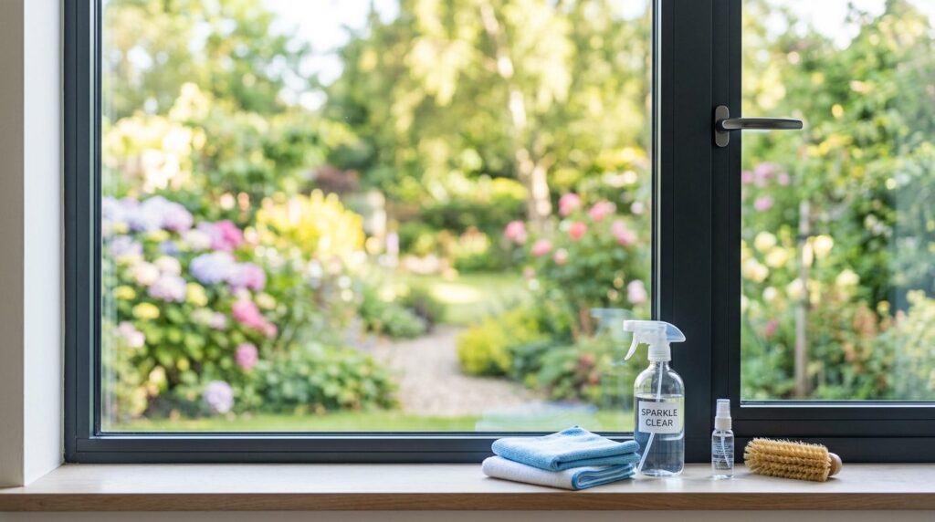 Close-up of sparkling clean residential window with modern f